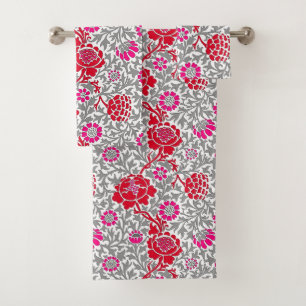 Conjunto De Toalhas Jacobean Floral, Rosa Vermelho Profundo e Cinza