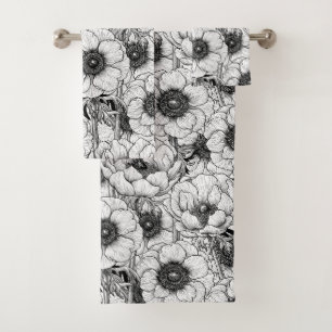 Conjunto De Toalhas Jardim anêmono em preto e branco