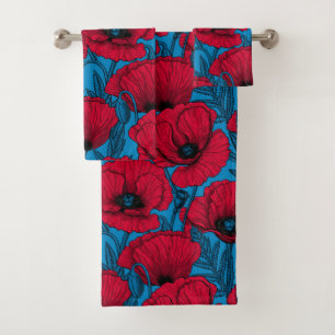 Conjunto De Toalhas Jardim de papoila vermelho em azul
