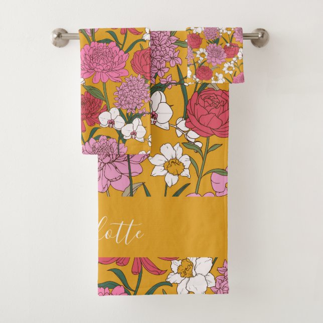 Conjunto De Toalhas Jardim Floral Boho Amarelo Nome Personalizado (Insitu)
