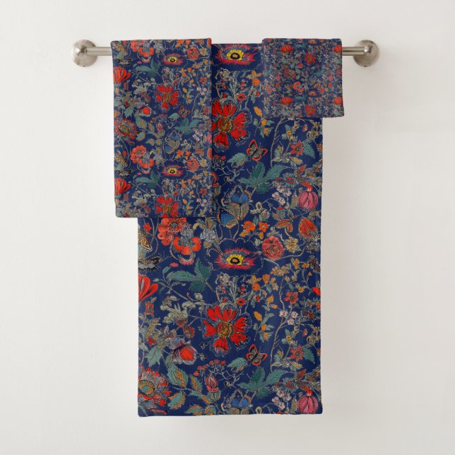 Conjunto De Toalhas Jardim Floral em Reds sobre fundo azul escuro (Insitu)