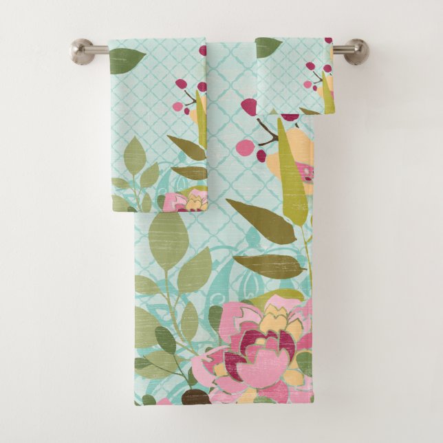 Conjunto De Toalhas Jardim Floral, Fundo Azul (Insitu)