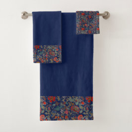 Conjunto De Toalhas Jardim Floral na Borda dos Reds no Azul Escuro