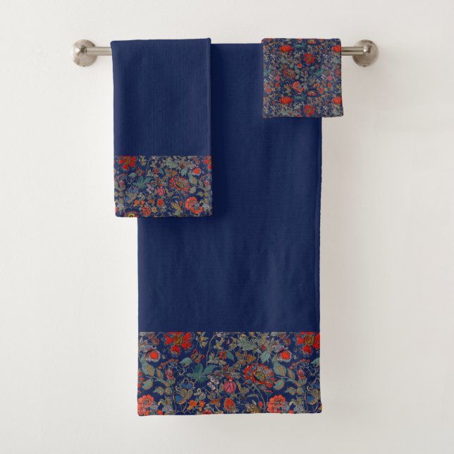 Conjunto De Toalhas Jardim Floral na Borda dos Reds no Azul Escuro (Insitu)