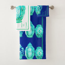 Conjunto De Toalhas Jarra de Gengibre Azul Verde Branco Monogramada El