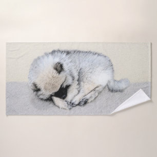 Conjunto De Toalhas Keeshond Dormindo Puppy Pintura Original