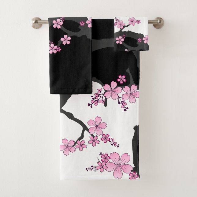 Conjunto De Toalhas Kimono Black e White Pink Sakura (Insitu)
