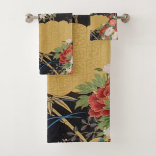 Conjunto De Toalhas Kimono Floral 3 preto e Dourado japonês