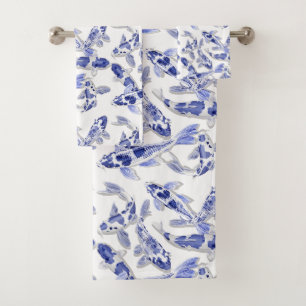 Conjunto De Toalhas Koi azul e branco