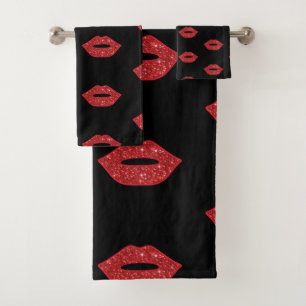 Conjunto De Toalhas Lábios Vermelhos Brilhantes Beijam Feminina Elega