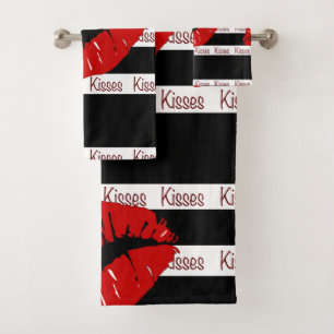 Conjunto De Toalhas Lábios Vermelhos Kisses Preto Bandeja Bandeja Stri