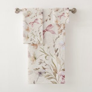 Conjunto De Toalhas Laço de Fita Xadrez e Floral Bege Vintage