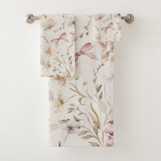 Conjunto De Toalhas Laço de Fita Xadrez e Floral Bege Vintage