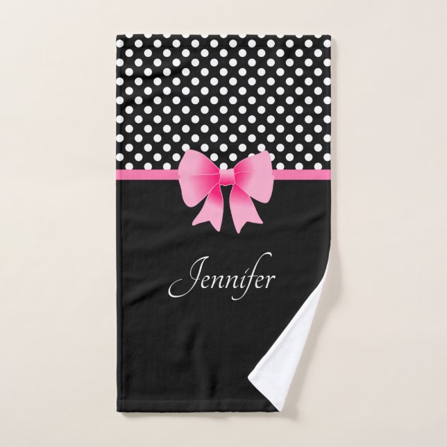 Conjunto De Toalhas Laço Rosa Preto E Branco Com Pontos Nome (Toalha de mão)