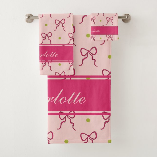 Conjunto De Toalhas Laços Rosa Quente Bolinhas Verdes (Insitu)