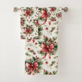 Conjunto De Toalhas Laços Vermelhos e Folhas de Azevinho