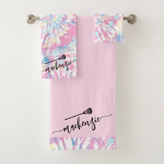 Conjunto De Toalhas Lacrosse Girls Pink Tie Dye Nome Personalizado em (Insitu)