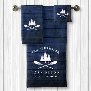 Conjunto De Toalhas Lago Rustic House Barat Oars Trees Blue Wood Impre