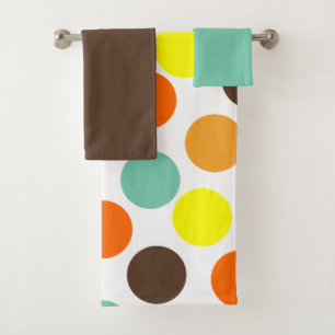Conjunto De Toalhas Laranja, Amarelo, Marrom, Pontos Azuis Banho Conju
