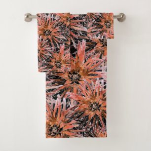 Conjunto De Toalhas Laranja-aquarela e flores marrons.