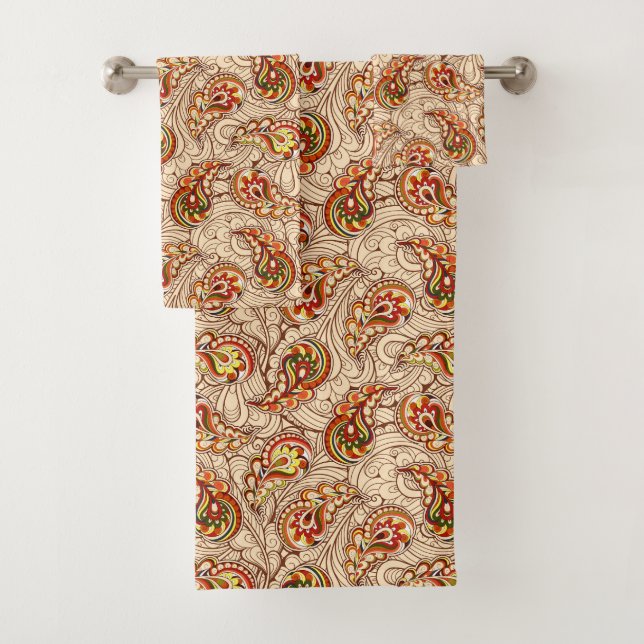 Conjunto De Toalhas Laranja e Bege Paisley  (Insitu)