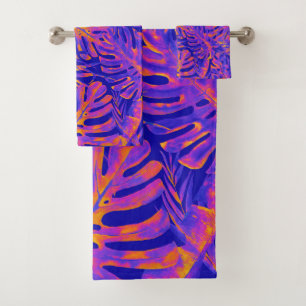 Conjunto De Toalhas Laranja Elétrico Azul Folhas de Palmeira Tropical