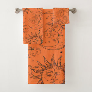 Conjunto De Toalhas Laranja Magia Vintage Sol Celestial Estrelas da Lu
