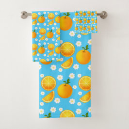 Conjunto De Toalhas Laranjas e Flores Brancas