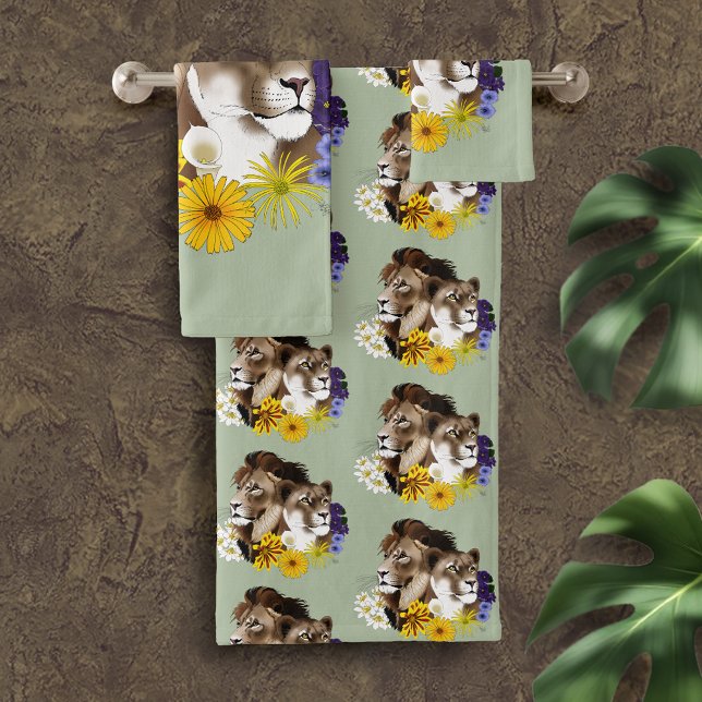 Conjunto De Toalhas Leão Leoa Floral Verde  (Criador carregado)