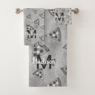 Conjunto De Toalhas Legal pizza fatia vintage cinza branca preta Monog