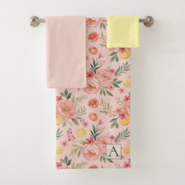 Conjunto De Toalhas Lemon Rosa Floral Monograma do padrão