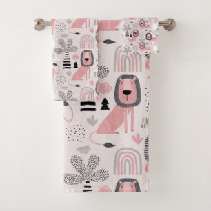 Conjunto De Toalhas Leões Pretos Rosa Boho Rainbows Moderno