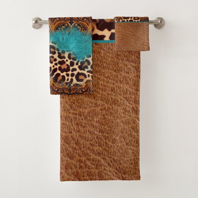 Conjunto De Toalhas Leopardo-de-Couro-Florescente Turquesa Ocidental (Insitu)