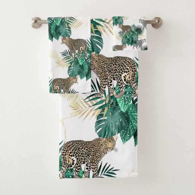 Conjunto De Toalhas Leopardo moderno e design tropical das folhas (Insitu)