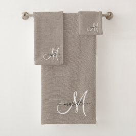 Conjunto De Toalhas Letra branca Monograma Taupe Faux Linen