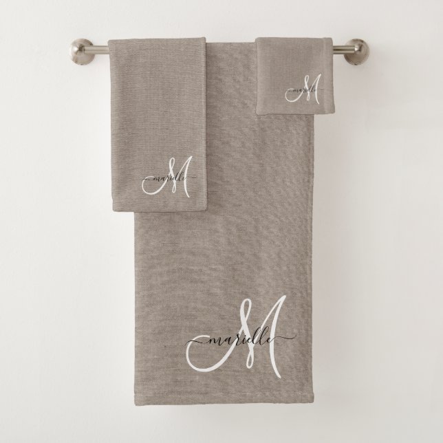 Conjunto De Toalhas Letra branca Monograma Taupe Faux Linen (Insitu)