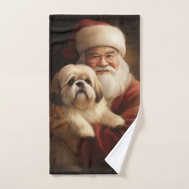 Conjunto De Toalhas Lhasa Apso Com Papai Noel Natal Festivo (Toalha de mão)