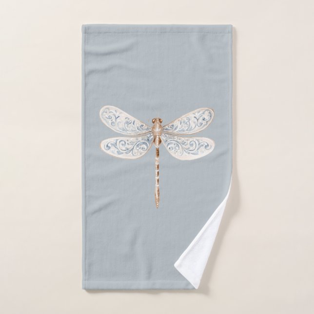 Conjunto De Toalhas Libélulas Cinza Azul Bronze Branco (Toalha de mão)