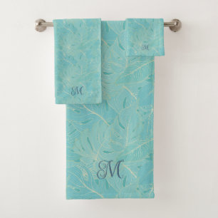 Conjunto De Toalhas Light blue tropical palm leaves pattern
