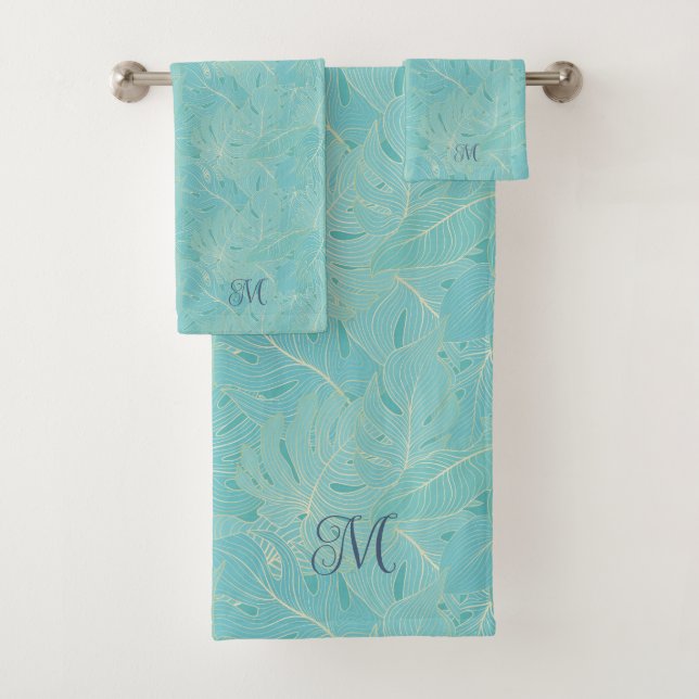 Conjunto De Toalhas Light blue tropical palm leaves pattern (Insitu)