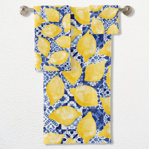 Conjunto De Toalhas Limão Citrus Mediterrâneo Azulejo Azul Branco