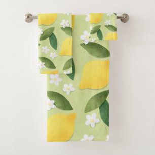 Conjunto De Toalhas Limões e Flores Brancas em Fundo Verde