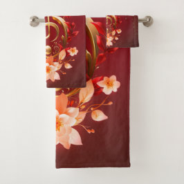 Conjunto De Toalhas Limpa ouro com folhas vermelhas.