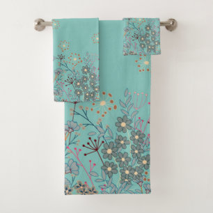 Conjunto De Toalhas Linda borda de flor selvagem em fundo azul