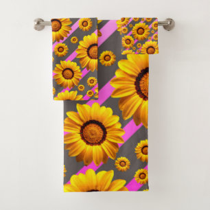 Conjunto De Toalhas Lindas flores amarelas nas cinzas, listras cor-de-