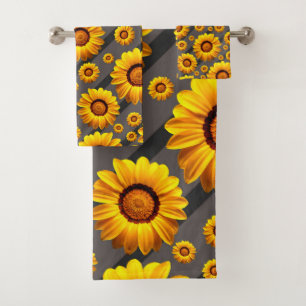Conjunto De Toalhas Lindas flores amarelas nas cinzas, listras pretas
