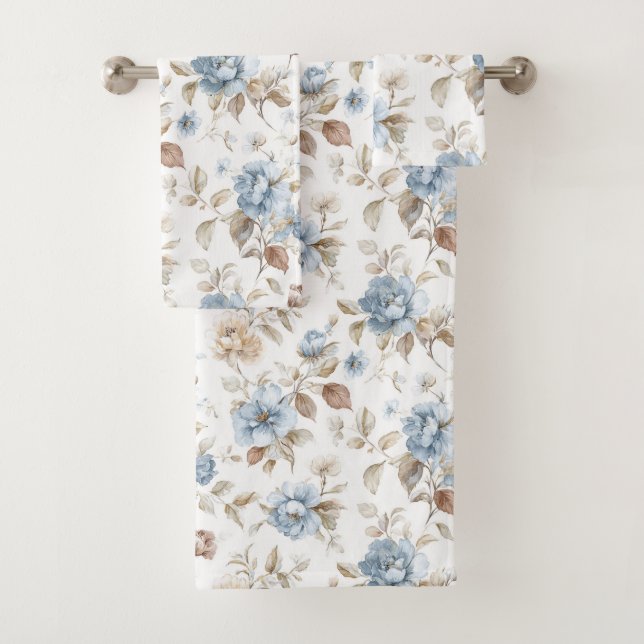 Conjunto De Toalhas Lindas Flores Azuis Creme Bege Marrom (Insitu)