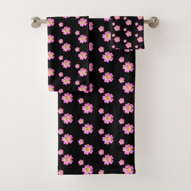 Conjunto De Toalhas Lindas Flores Cor-de-Rosa no Preto (Insitu)