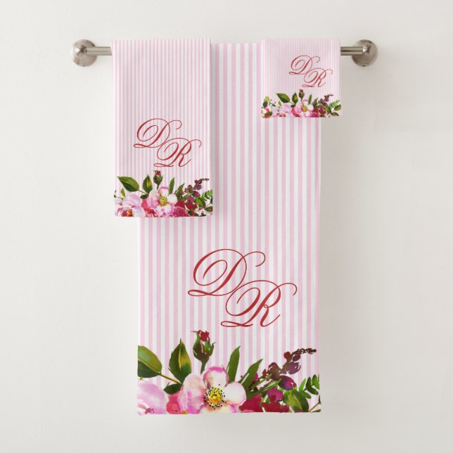 Conjunto De Toalhas Lindas Flores Elegantes Monogramas Bandas de PInk (Insitu)