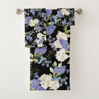 Conjunto De Toalhas Lindas Flores Lilás Rosas Roxos Azul em Preto